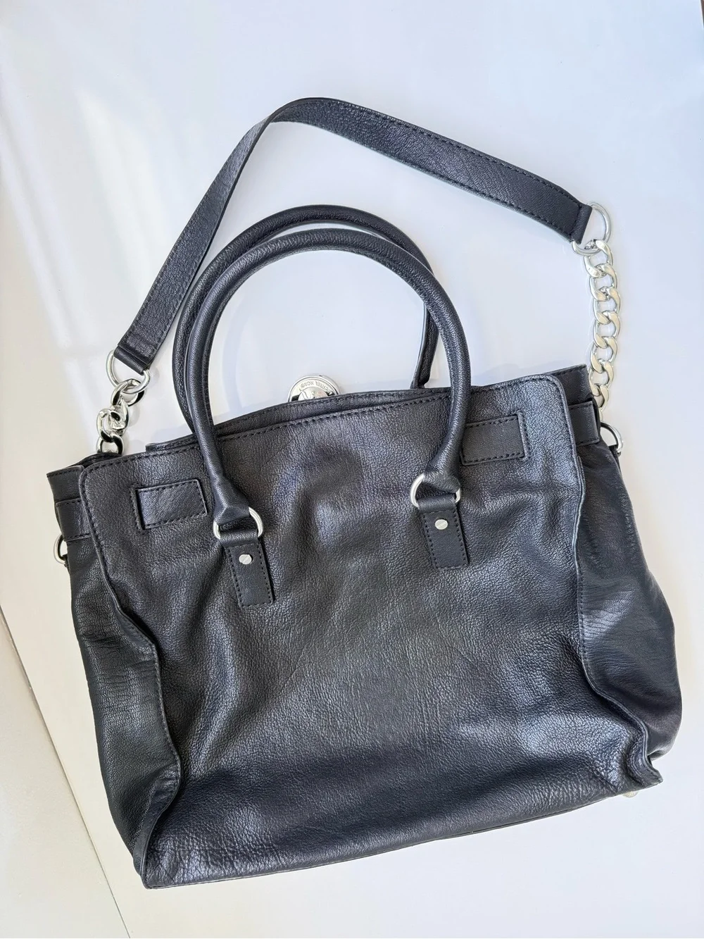 Michael Michael Kors Hamilton Black Leather Satchel | Silver Hardware |